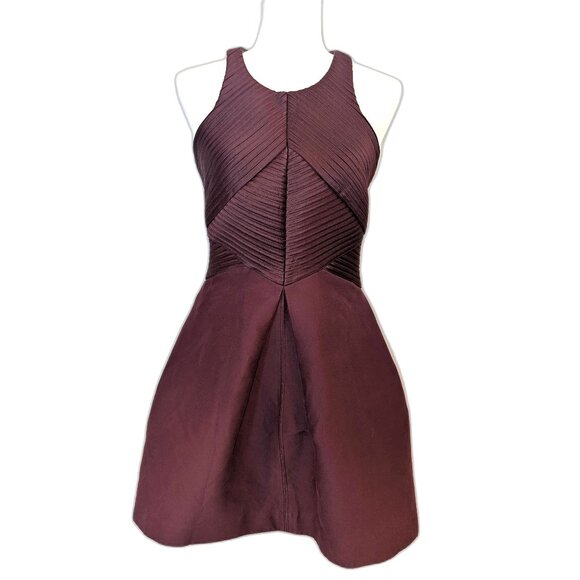 Halston Heritage | Cotton & Silk Syrah Burgundy Stripe Seam Mini Dress | Size 8 - Picture 4 of 15